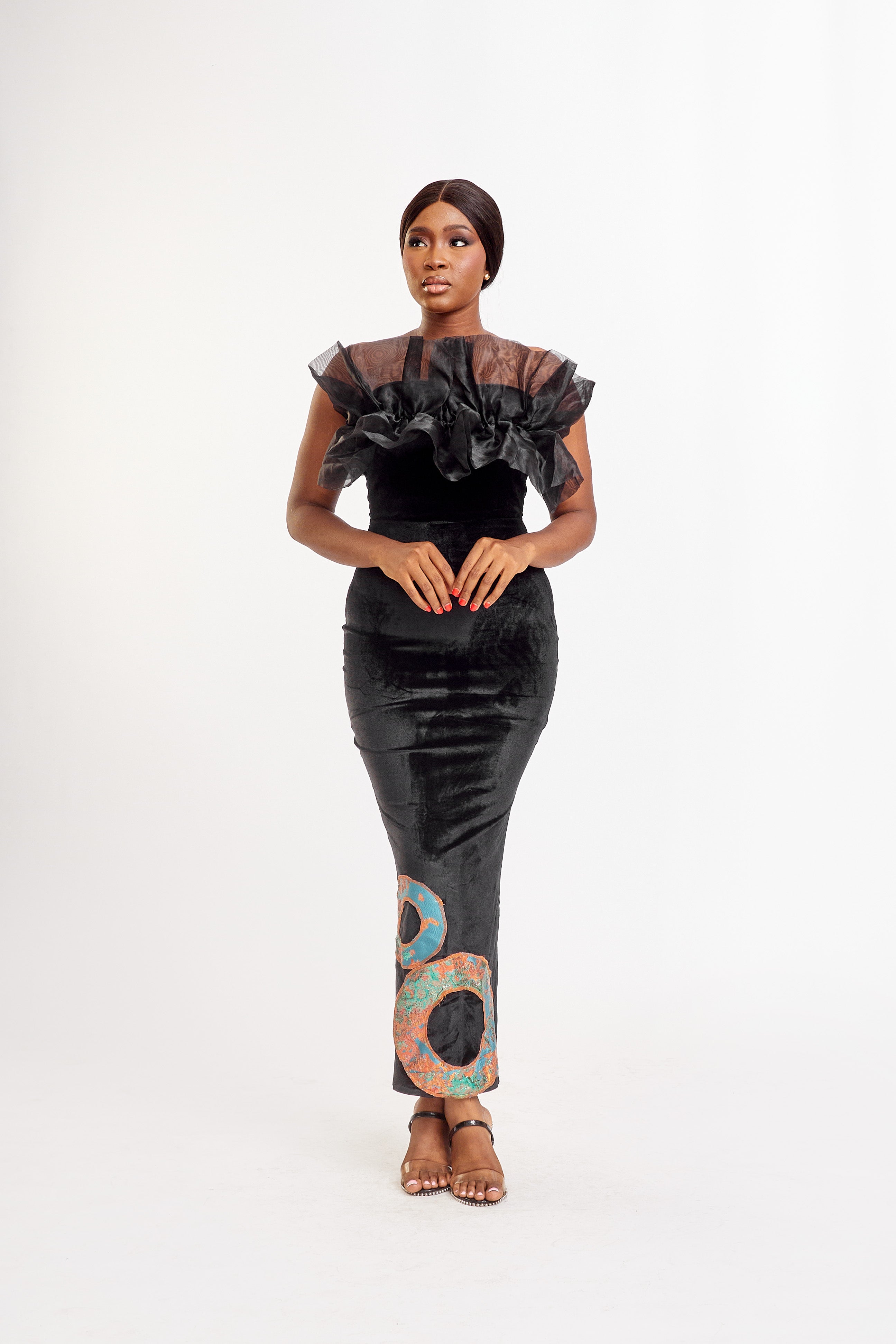 Elegant Velvet Ruffled Neckline Dress